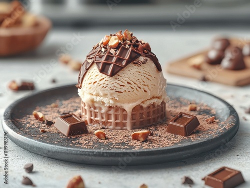 Indulge in exquisite ice cream with chocolate topping gourmet dessert modern kitchen close-up view luxurious treat photo