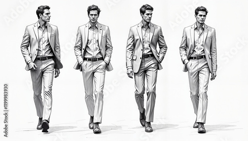 Stylish man walking in four dynamic poses, fashion sketch collection