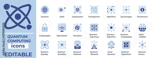 Explore Quantum Computing vector icons showcasing qubits, algorithms, superposition, entanglement, and futuristic computing tech
