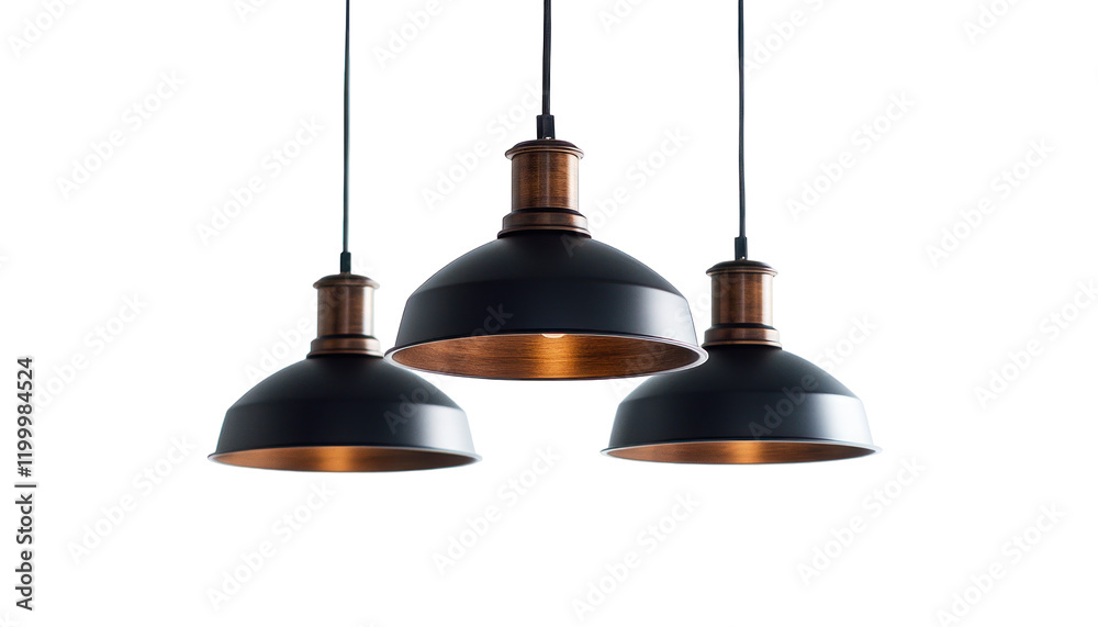 Obraz premium A trio of stylish black and copper pendant lamps hang against a stark black background showcasing their modern design.