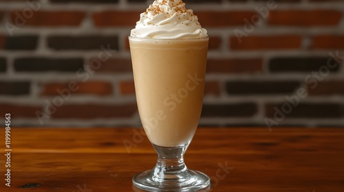 Indulge in a creamy salted caramel milkshake topped with whipped cream, evoking a cozy, nostalgic vibe. photo