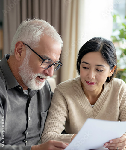 Senior couple reviewing documents at home