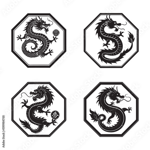 Four Chinese Dragon Silhouettes in Octagonal Frames