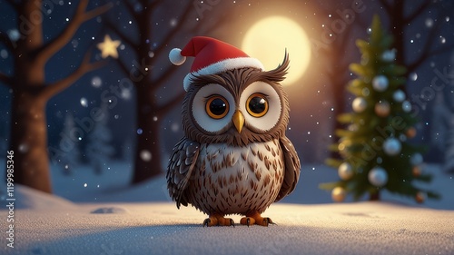 Adorable 3D animated cartoon owl, christmas background, copy space