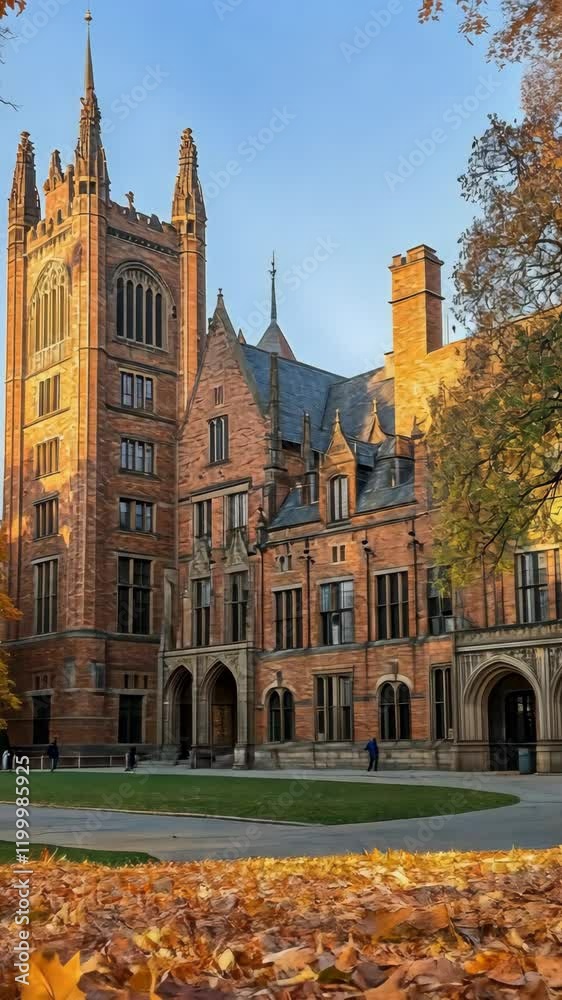 Stunning architecture of a historic university building surrounded by autumn foliage in the late afternoon light Stunning architecture of a historic university building surrounded by autumn foliage in the late afternoon light