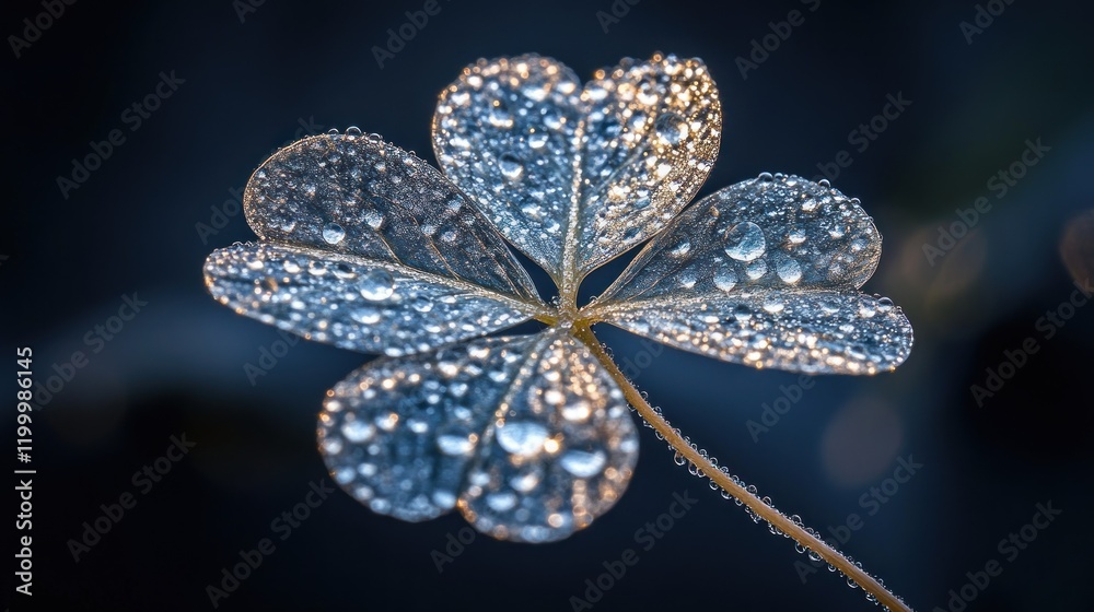 Fototapeta premium Dew-kissed four-leaf clover close-up, dark background, natural light