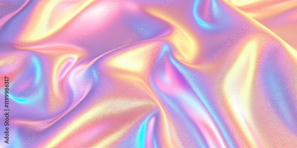 Obraz premium Colorful iridescent, holographic rainbow foil texture background. Iridescent fabric trendy cloth holographic texture purple pink blue metal
