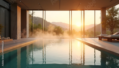 Luxurious indoor swimming pool with mountain sunset view and mist, serene atmosphere, copy space 
