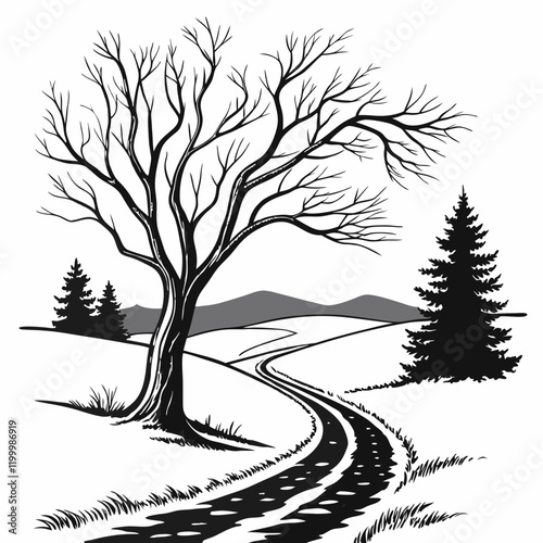 Winter Trail vector silhouette black design white background