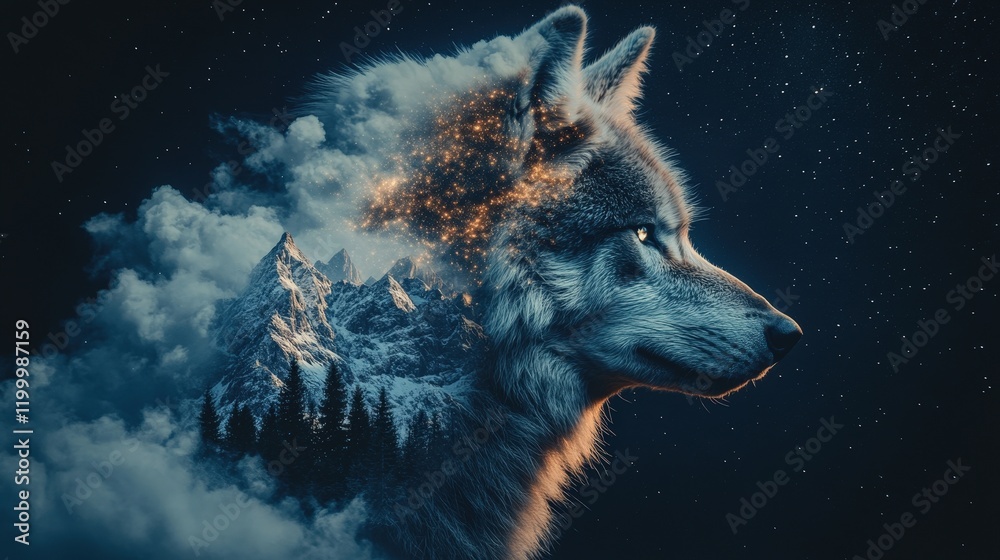 Fototapeta premium Majestic wolf with a mountain landscape and clouds in its silhouette