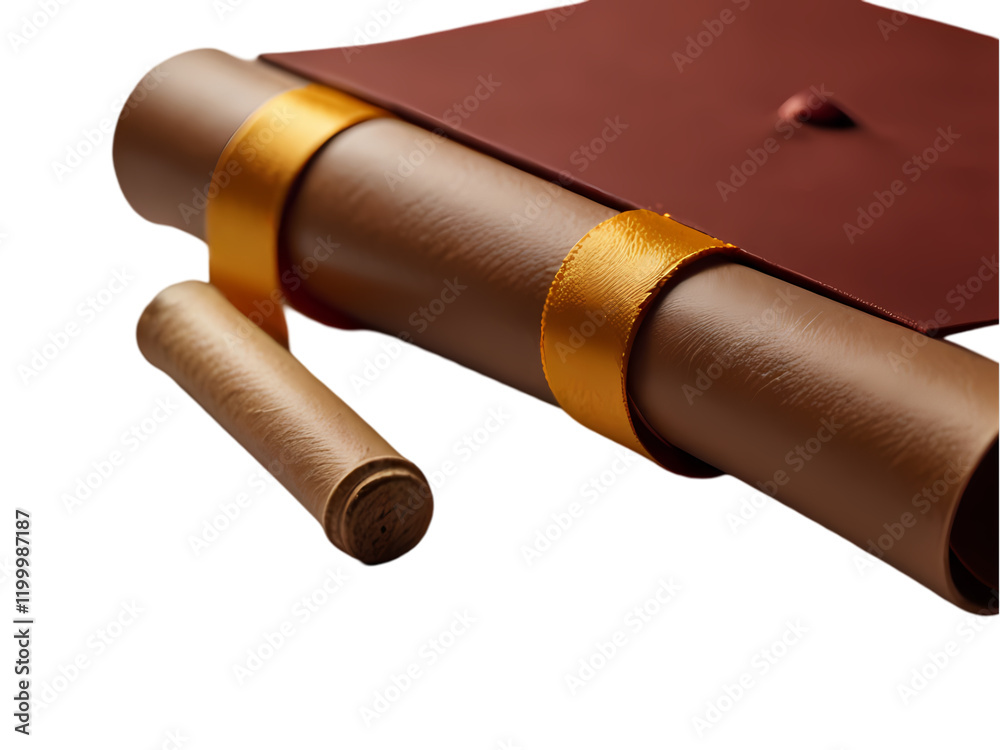 Graduation Diploma Scroll Cap 3D Render Brown Gold award degree wisdom future career school ribbon Graduation Diploma Scroll Cap 3D Render Brown Gold award degree wisdom future career school ribbon