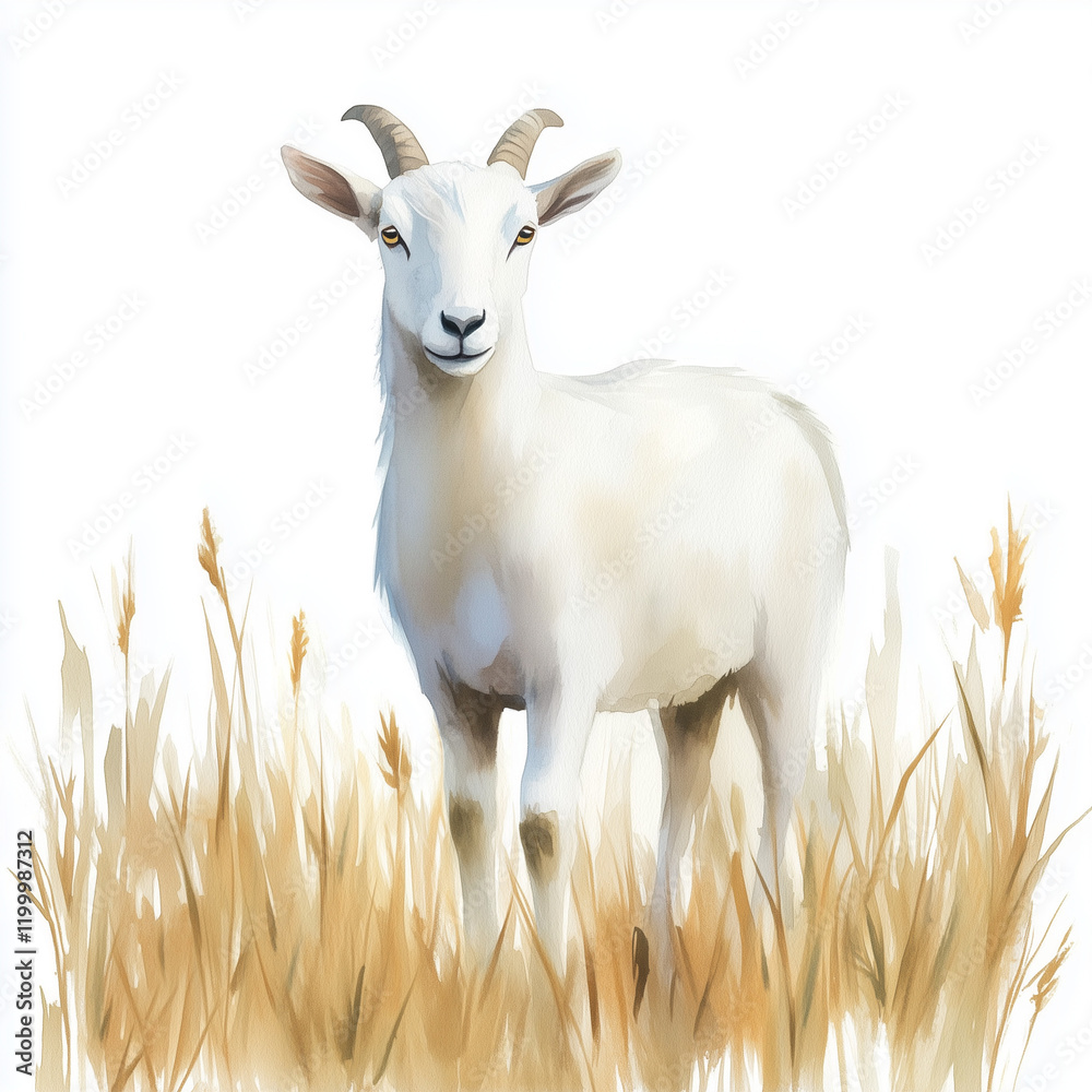 Obraz premium Illustration of the Domestic Goat, soft watercolor tones, white background, detailed illustration, cartoonish.