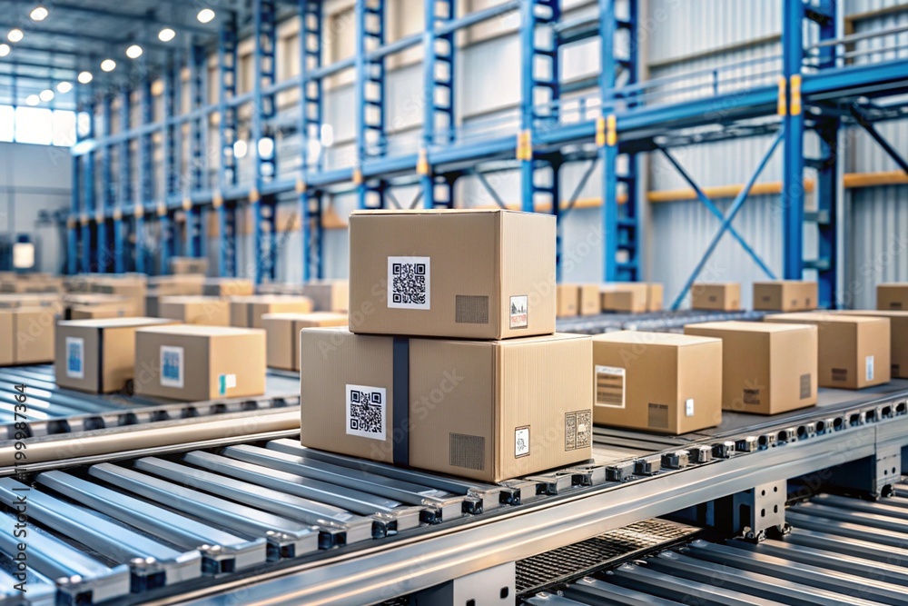 Logistics. Intelligent, automatic packaging of parcels in a warehouse, tags and QR codes in cardboard boxes for effective tracking, authentication and tracking. Logistics. Intelligent, automatic packaging of parcels in a warehouse, tags and QR codes in cardboard boxes for effective tracking, authentication and tracking.