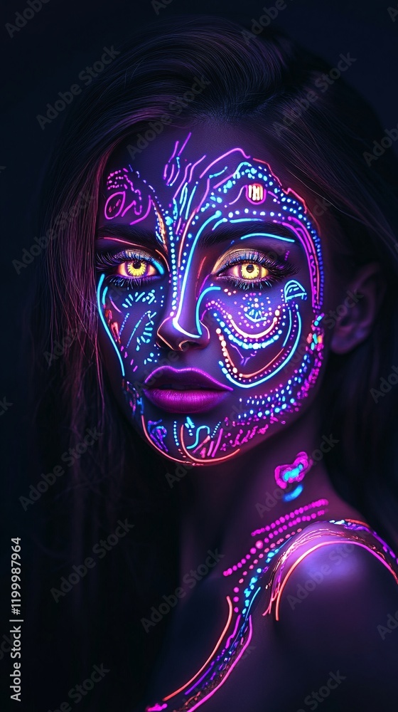 Naklejka premium Neon Glow Body Paint Portrait Woman Art