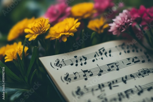 Melody in Bloom: Musical Notes Amidst Vibrant Flowers photo