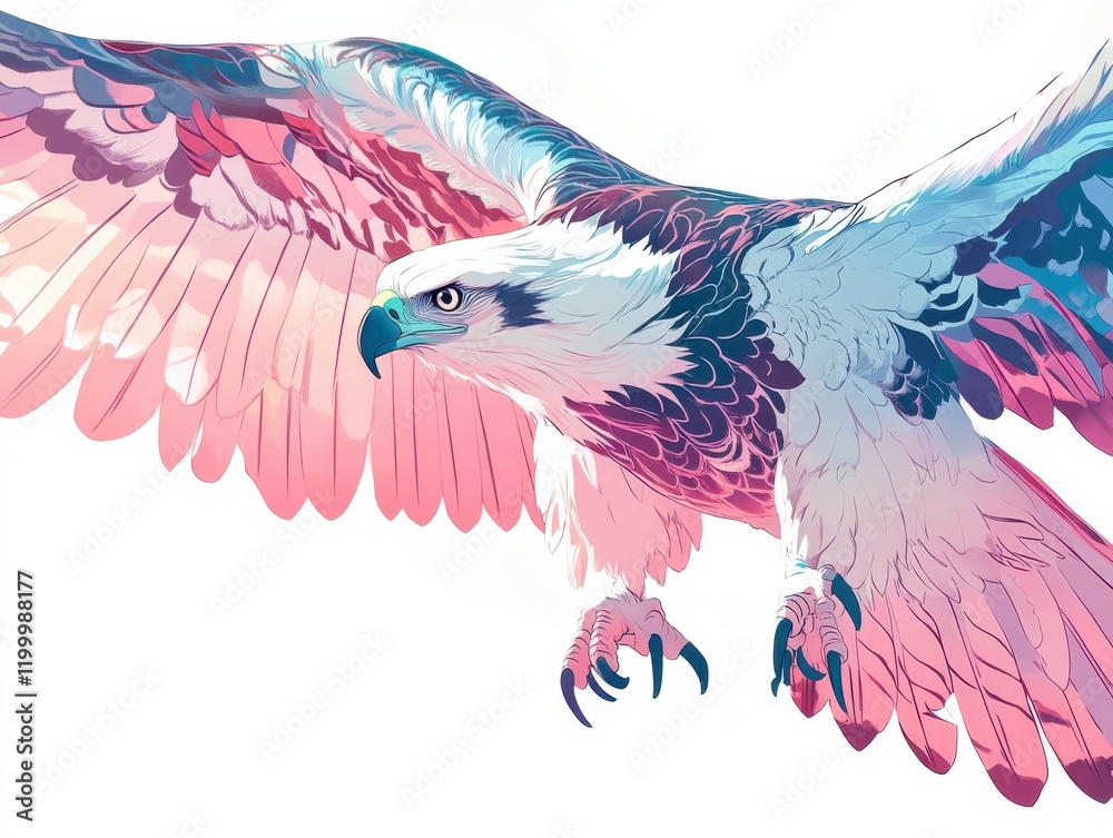 A soaring eagle with wings fully spread, in a dynamic mid-flight pose, crisp outlines and bold strokes highlighting its feathers