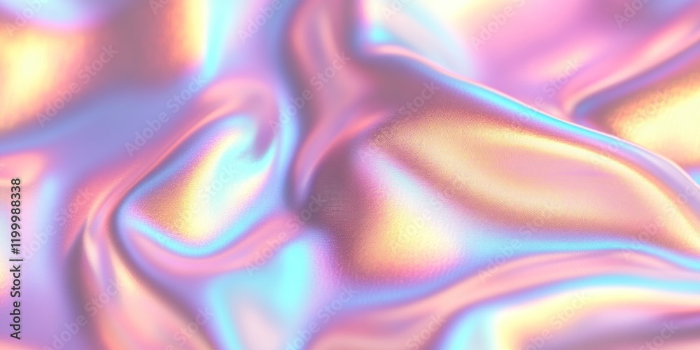 Obraz premium Colorful iridescent, holographic rainbow foil texture background. Iridescent fabric trendy cloth holographic texture purple pink blue metal