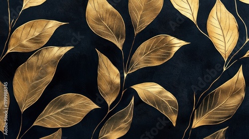 Elegant Gold Leaf Pattern on Dark Background with Textured Detail and Luxury Appeal