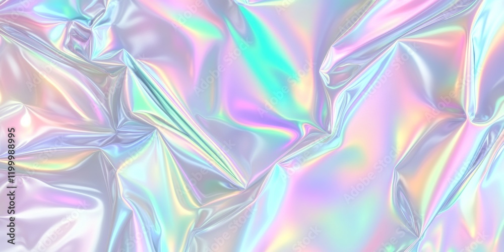 Colorful iridescent, holographic rainbow foil texture background. Iridescent fabric trendy cloth holographic texture purple pink blue metal