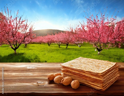 Passover celebration concept. Matzah, red kosher and walnut. Traditional ritual Jewish bread photo