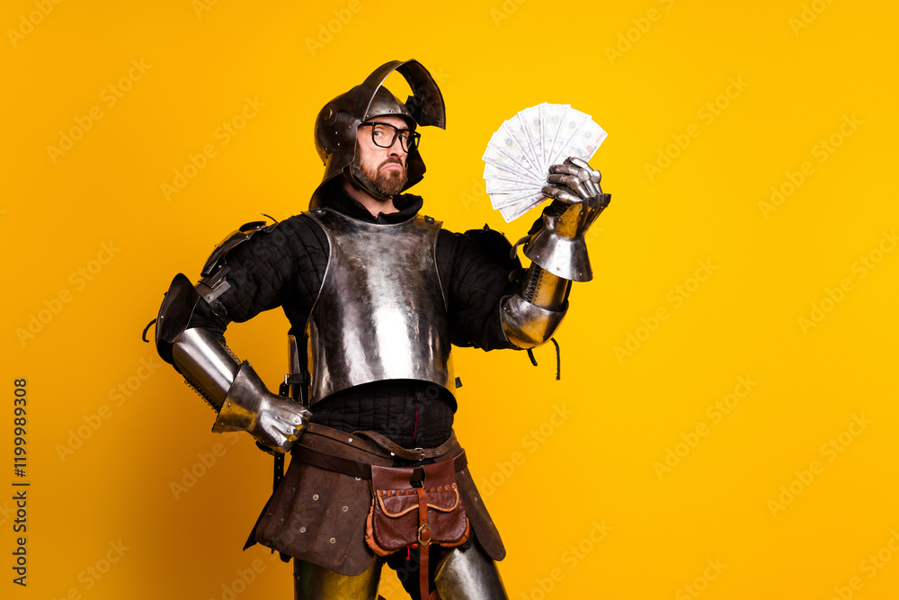 A young man in medieval knight costume holding money on a vibrant yellow background A young man in medieval knight costume holding money on a vibrant yellow background