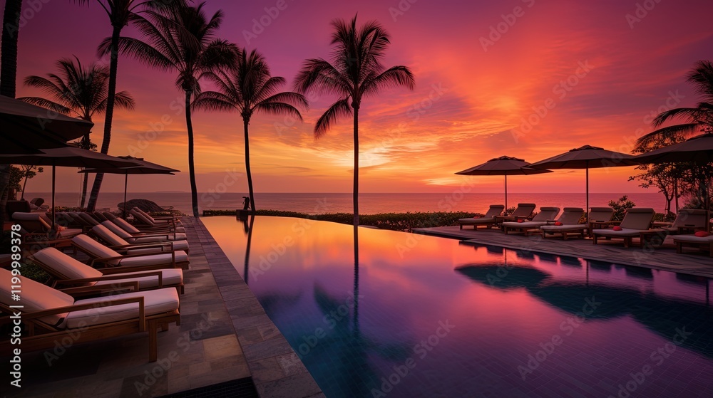 Naklejka premium Infinity pool reflecting vibrant sunset over tropical ocean