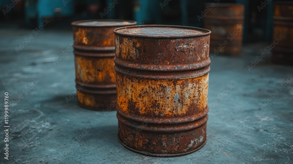 Fototapeta premium Rusty barrels factory floor industrial background.