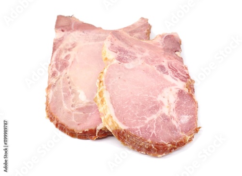 Two smoked pork chop steaks  on white background.	