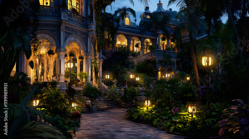 A Grand Historical Palace Illuminated by Lantern Lights in an Enchanting Dusk Environment