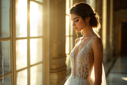Bride in white wedding dress looking out window with serene expression.