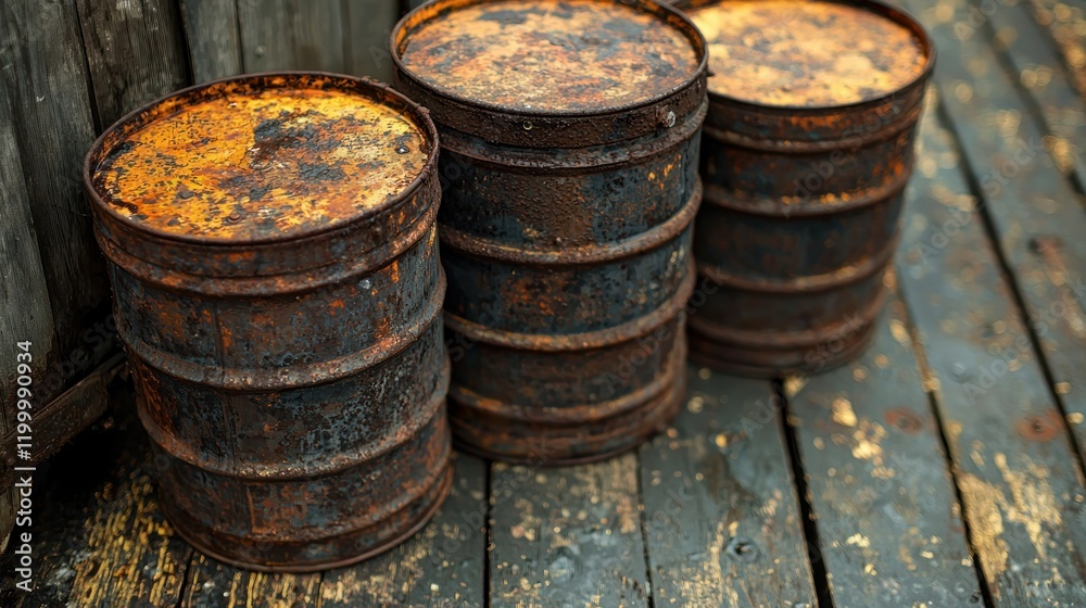 Fototapeta premium Rusty barrels outdoors, wooden background, decay.
