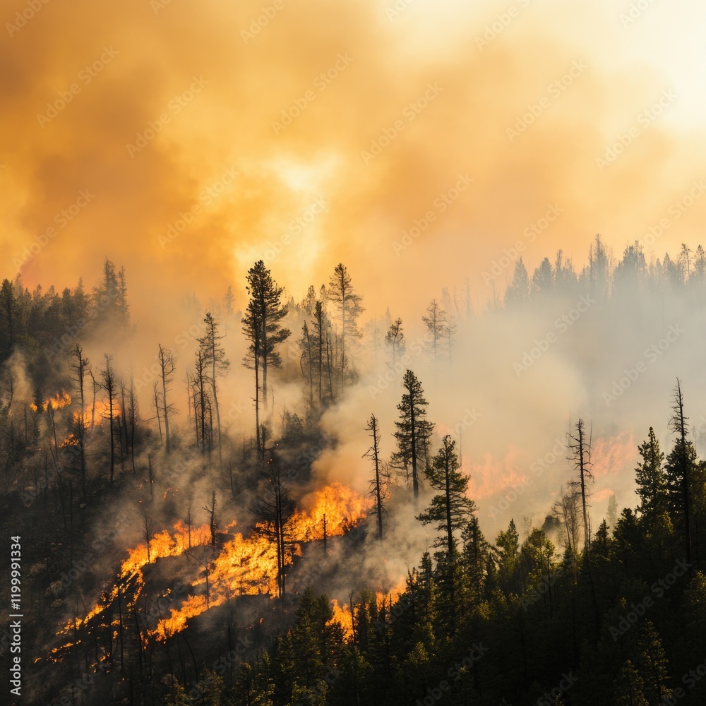 A dense forest filled with thick smoke, perfect for use in scenes about environmental disasters or apocalyptic settings A dense forest filled with thick smoke, perfect for use in scenes about environmental disasters or apocalyptic settings