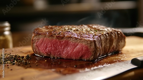 A close-up of freshly butchered steak cuts on a wooden board, with a sharp knife and seasonings nearby.