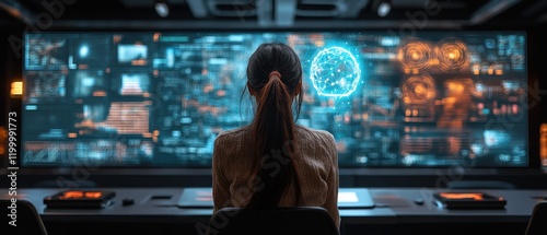 Intriguing Tech Visualization: Woman Focused on a Sophisticated Digital Interface Displaying Data and Information in a Dark Workplace.