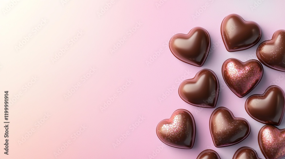 Fototapeta premium A collection of chocolate heart-shaped candies arranged on a soft pink background, evoking feelings of love and sweetness.