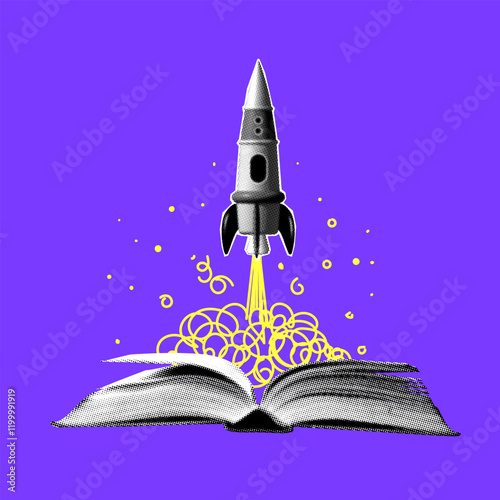 Concept of creativity and imagination. Halftone rocket launches from book. Modern collage. Idea for business startup. Theme of knowledge, education, university graduation
