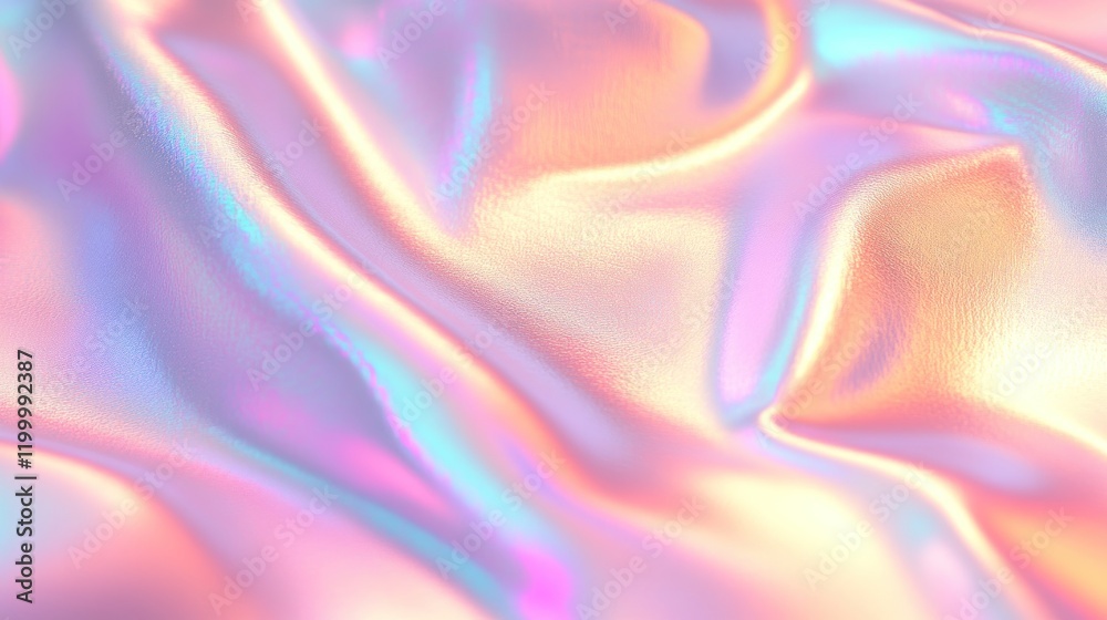 Obraz premium Colorful iridescent, holographic rainbow foil texture background. Iridescent fabric trendy cloth holographic texture purple pink blue metal