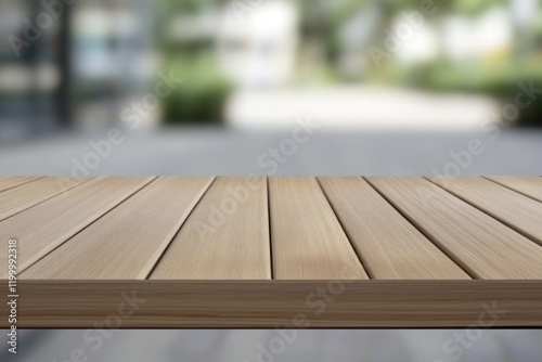 A wooden table with a blurry background