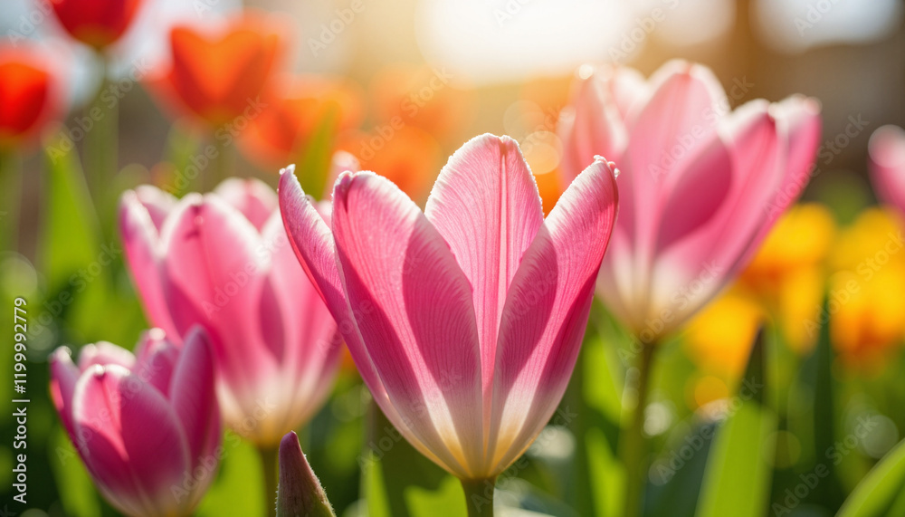 Blooming pink tulip in vibrant garden during spring morning, freshness Blooming pink tulip in vibrant garden during spring morning, freshness