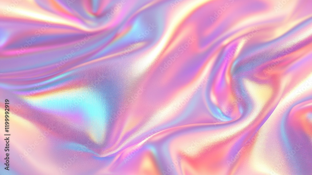 Fototapeta premium Colorful iridescent, holographic rainbow foil texture background. Iridescent fabric trendy cloth holographic texture purple pink blue metal