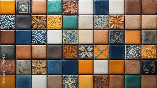 Colorful decorative tiles arranged in a vibrant mosaic pattern, showcasing artistic design.