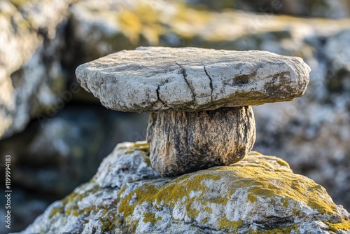 A stack of rocks perched on top of another rock, in a natural setting photo