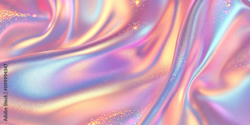 Fototapeta premium Colorful iridescent, holographic rainbow foil texture background. Iridescent fabric trendy cloth holographic texture purple pink blue metal