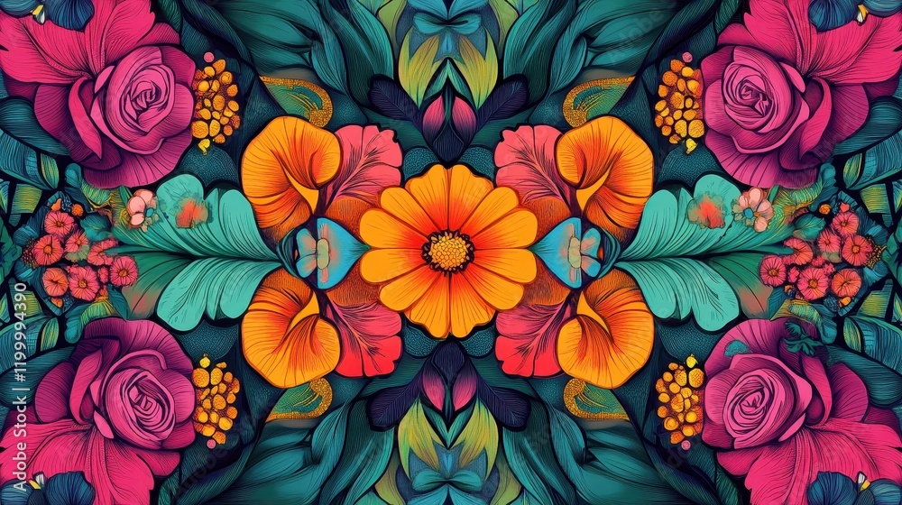 Vivid Floral Design Symmetrical Pattern Artwork Vivid Floral Design Symmetrical Pattern Artwork