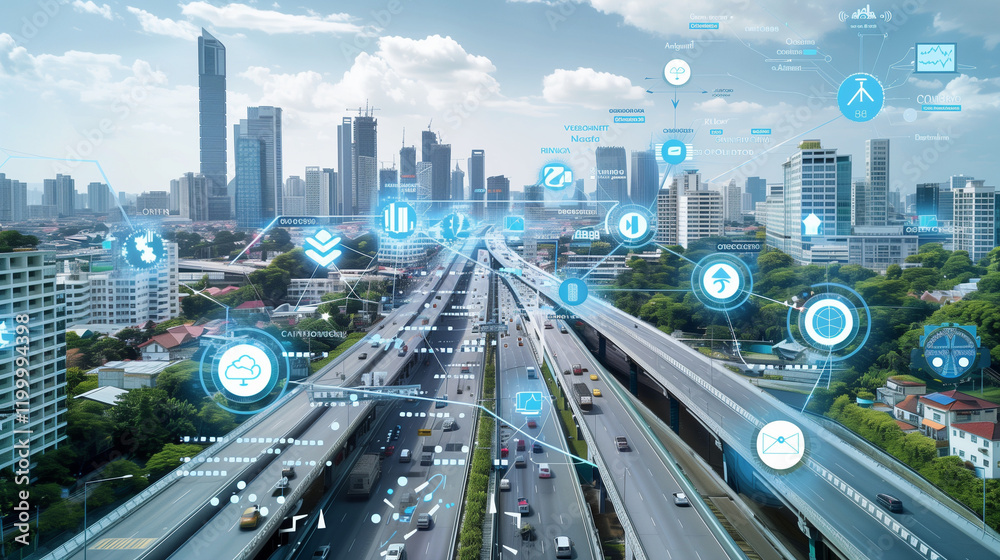 Obraz premium Smart ai city, heart of a city, Modern City Connected 5.0. with modern network tecnology Big Data Icons