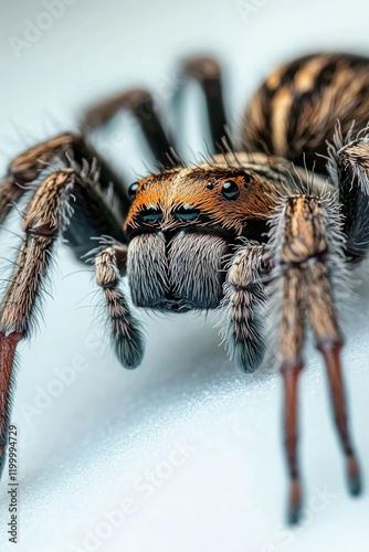 A close-up view of a spider on a white surface, suitable for use in images about nature, science, or creepy crawlies photo