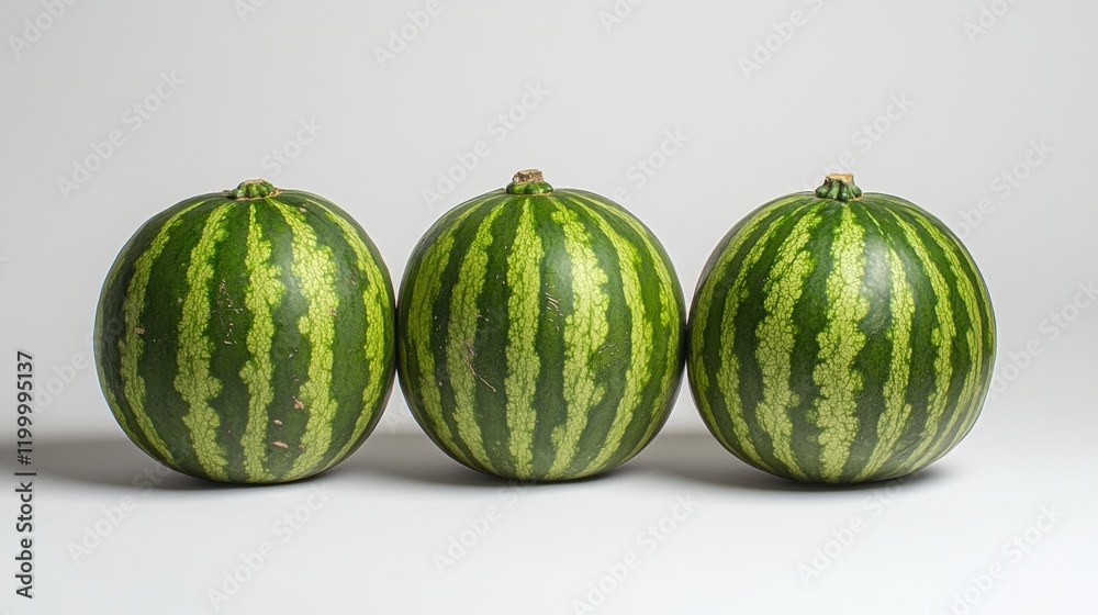 Three Fresh Watermelons in a Row on a Light Background Three Fresh Watermelons in a Row on a Light Background