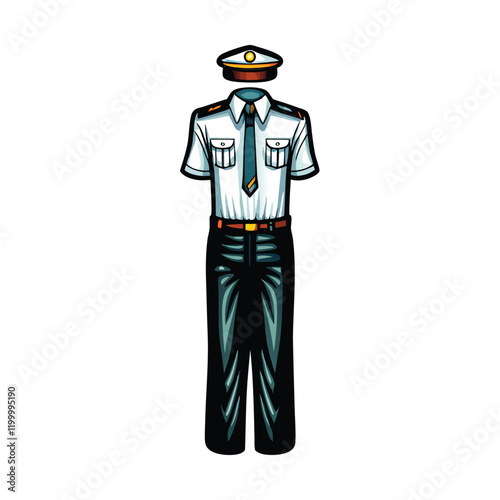 A detailed vector illustration of a bus driver uniform, including a shirt, pants, hat, and tie. The design should be professional and realistic.