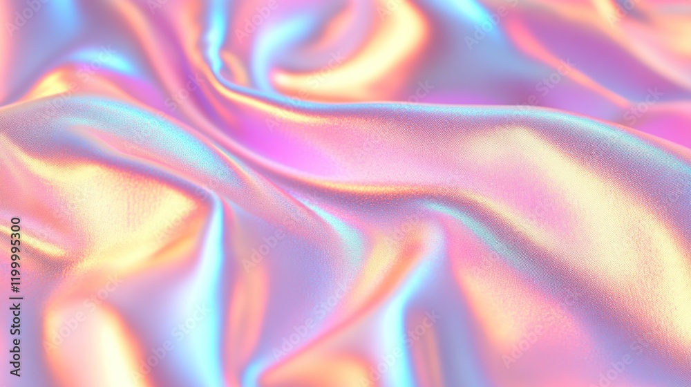 Obraz premium Colorful iridescent, holographic rainbow foil texture background. Iridescent fabric trendy cloth holographic texture purple pink blue metal