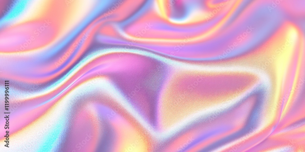 Obraz premium Colorful iridescent, holographic rainbow foil texture background. Iridescent fabric trendy cloth holographic texture purple pink blue metal